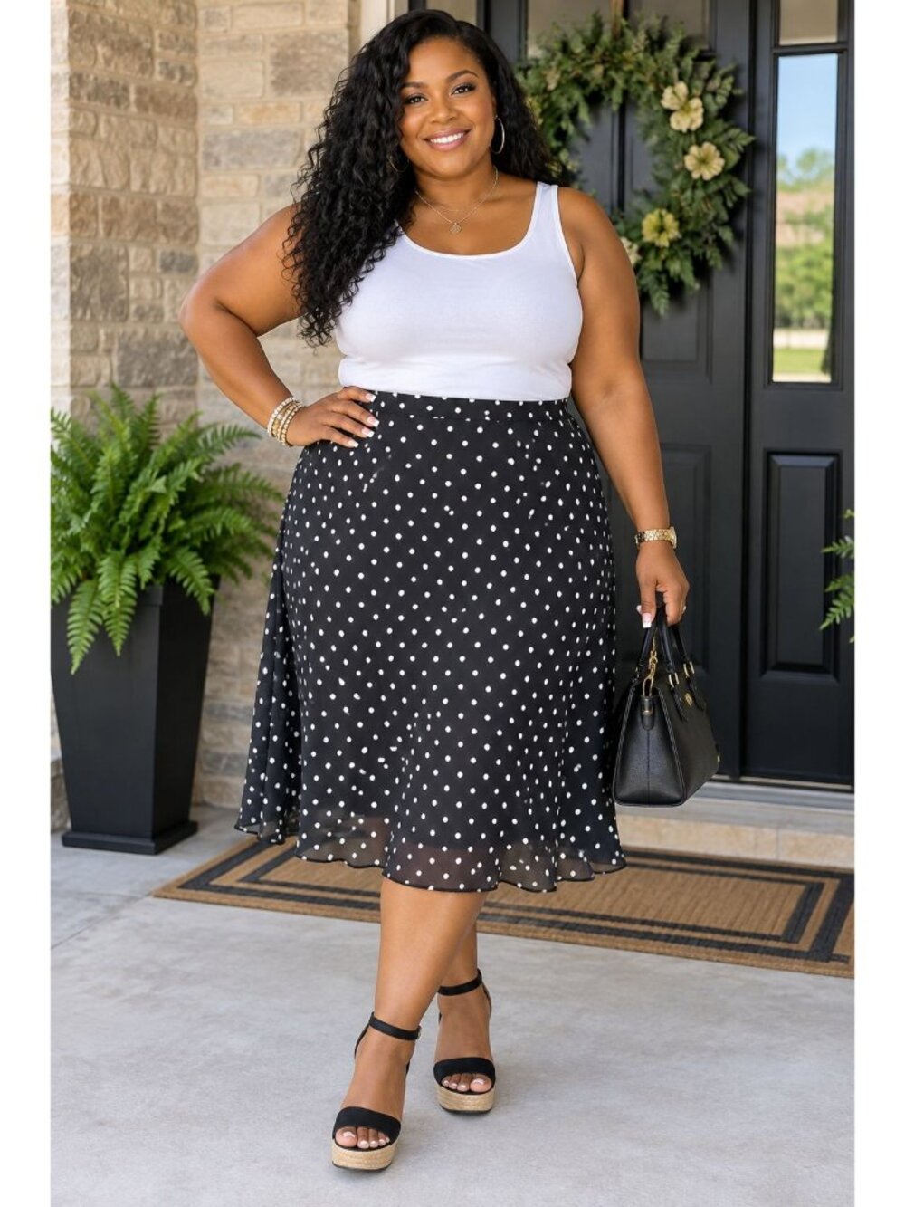 George Plus Size 22/24W Black Tan Polka Dot Skirt Elastic Waist Fully Lined - Picture 6 of 6